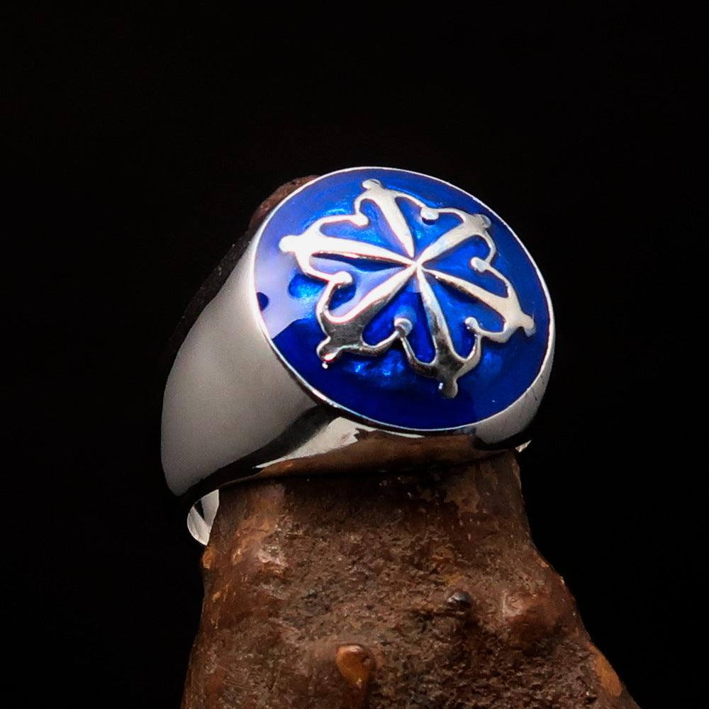 Men's blue Unity Ring made of high-polished Sterling Silver with enamel, featuring a domed design and solid back.