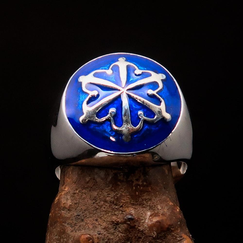 Men's blue Unity Ring made of high-polished Sterling Silver with enamel, featuring a domed design and solid back.