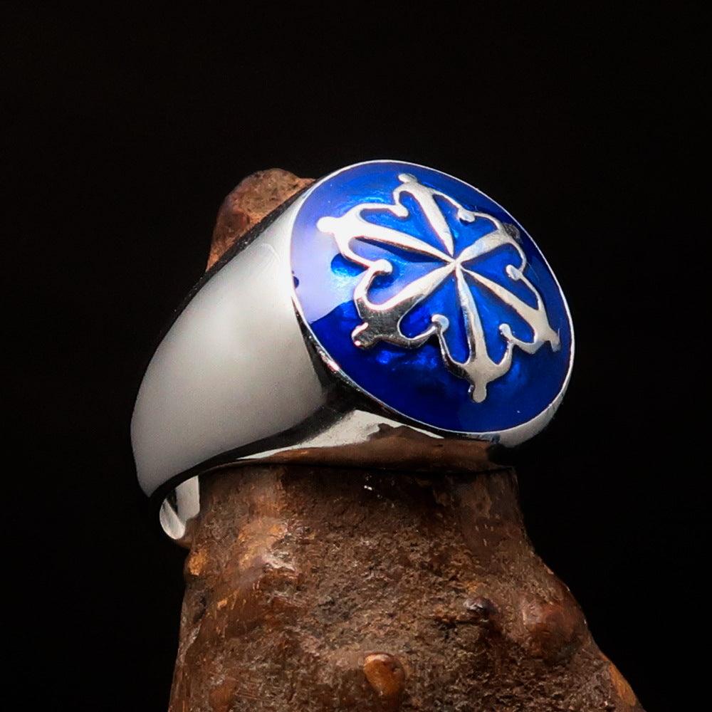 Men's blue Unity Ring made of high-polished Sterling Silver with enamel, featuring a domed design and solid back.