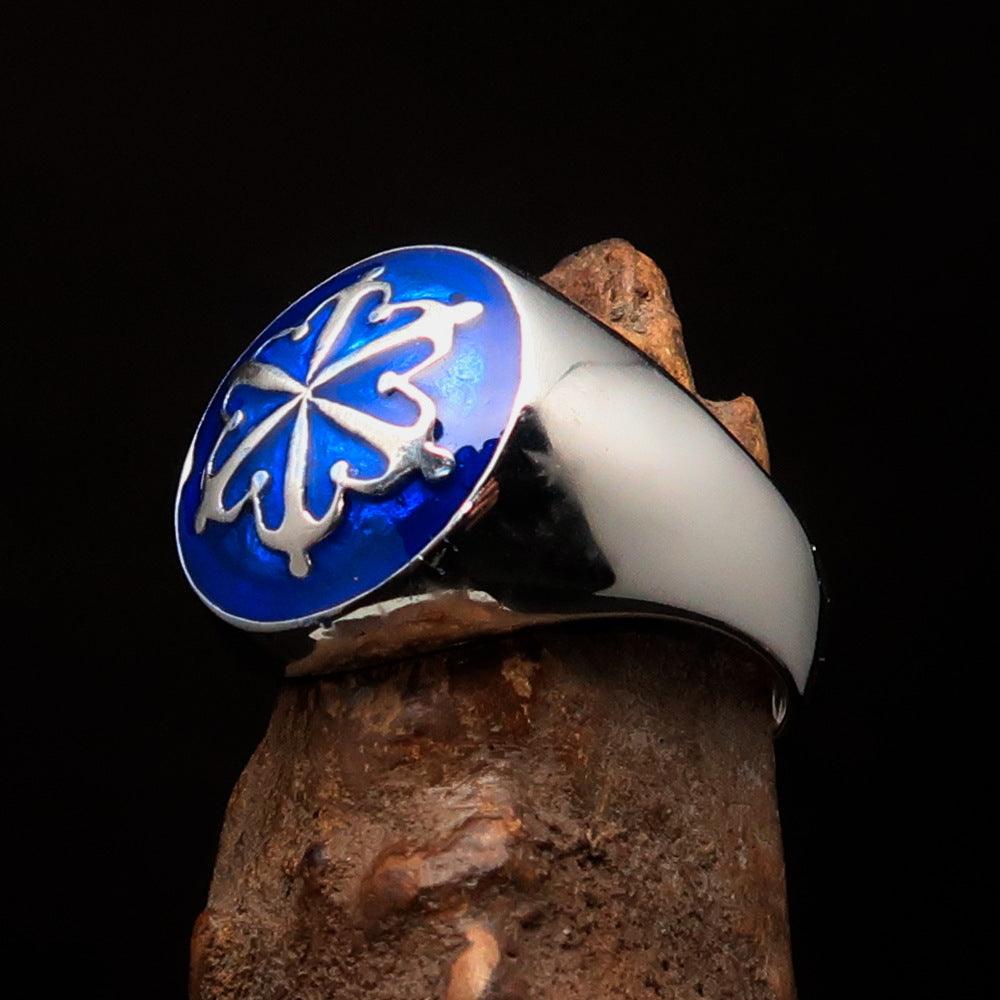 Men's blue Unity Ring made of high-polished Sterling Silver with enamel, featuring a domed design and solid back.