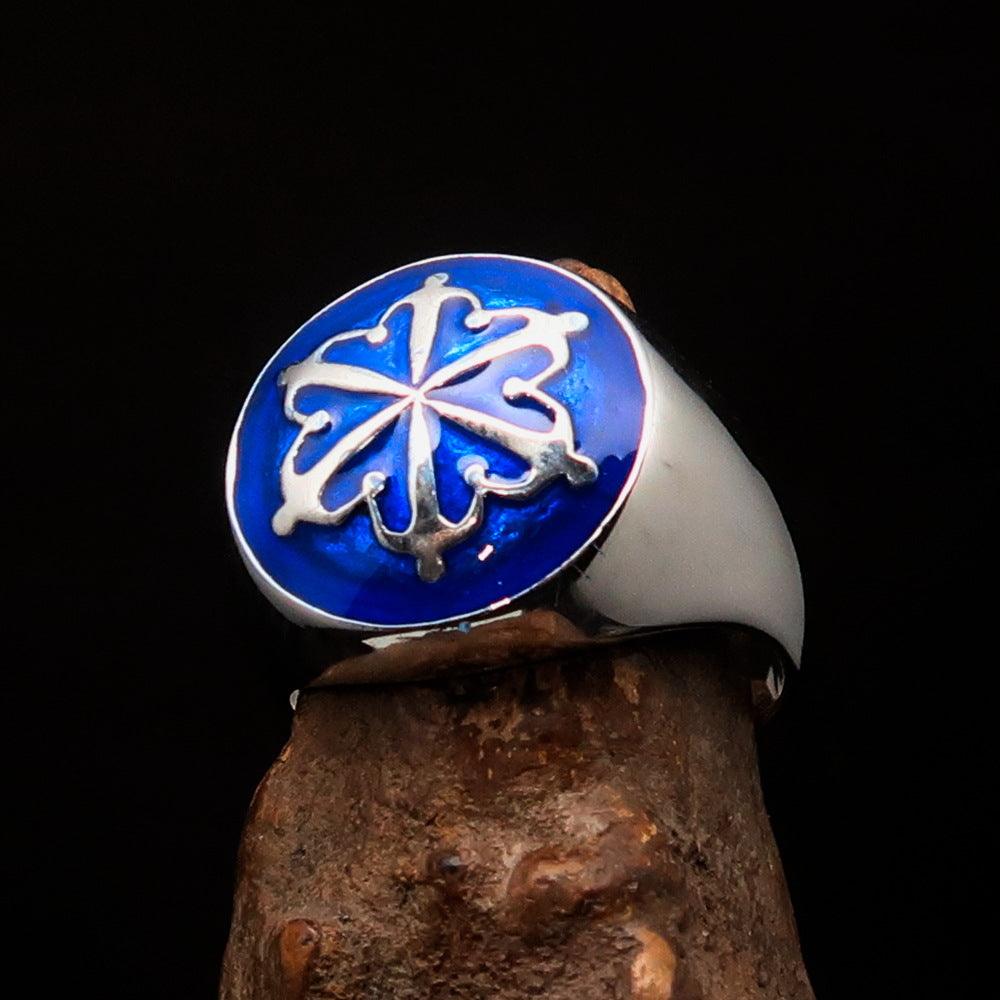 Men's blue Unity Ring made of high-polished Sterling Silver with enamel, featuring a domed design and solid back.