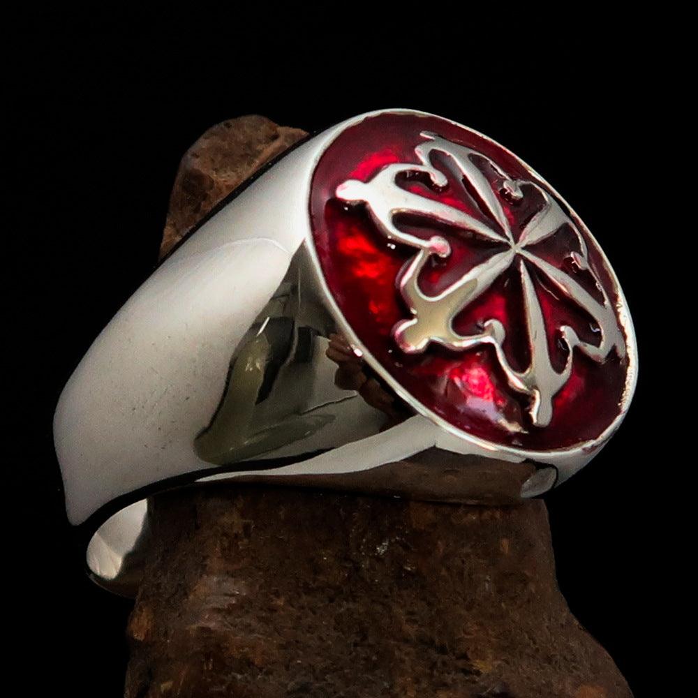 Men's Red Unity Ring made of high-polished Sterling Silver with vibrant red enamel finish, showcasing its elegant design.