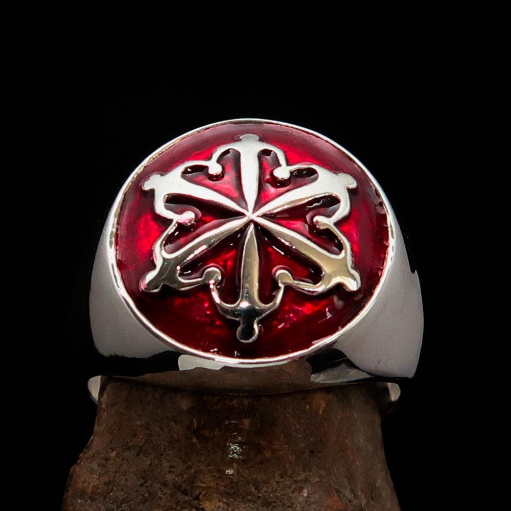 Men's Red Unity Ring made of high-polished Sterling Silver with vibrant red enamel finish, showcasing its elegant design.