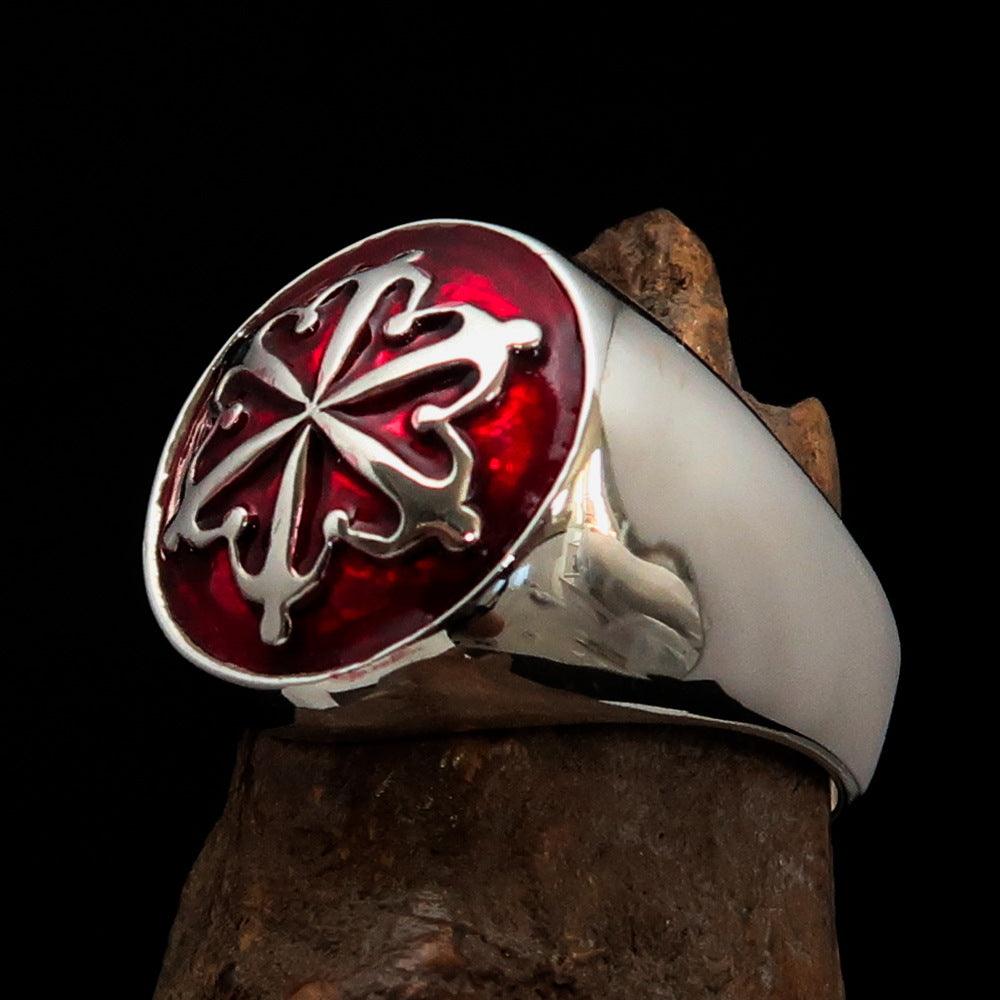 Men's Red Unity Ring made of high-polished Sterling Silver with vibrant red enamel finish, showcasing its elegant design.