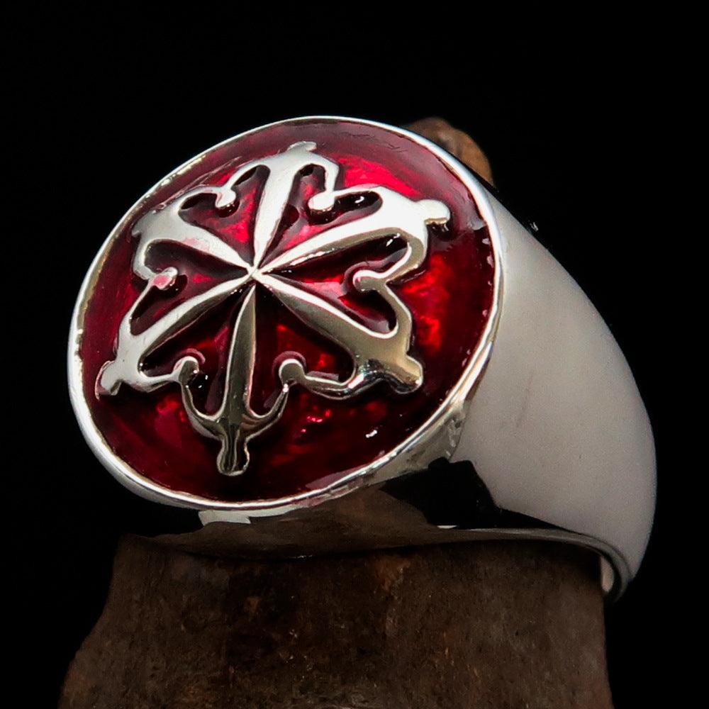 Men's Red Unity Ring made of high-polished Sterling Silver with vibrant red enamel finish, showcasing its elegant design.