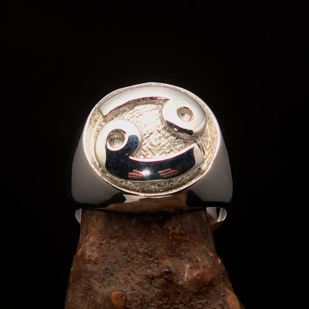 Men's Two-Tone Matte Zodiac Cancer Ring made of solid sterling silver with black enamel detailing.