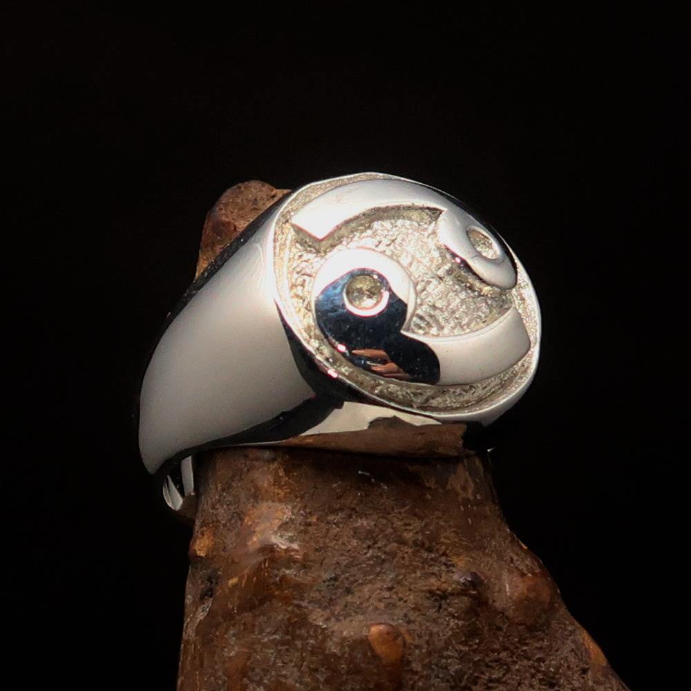 Men's Two-Tone Matte Zodiac Cancer Ring made of solid sterling silver with black enamel detailing.