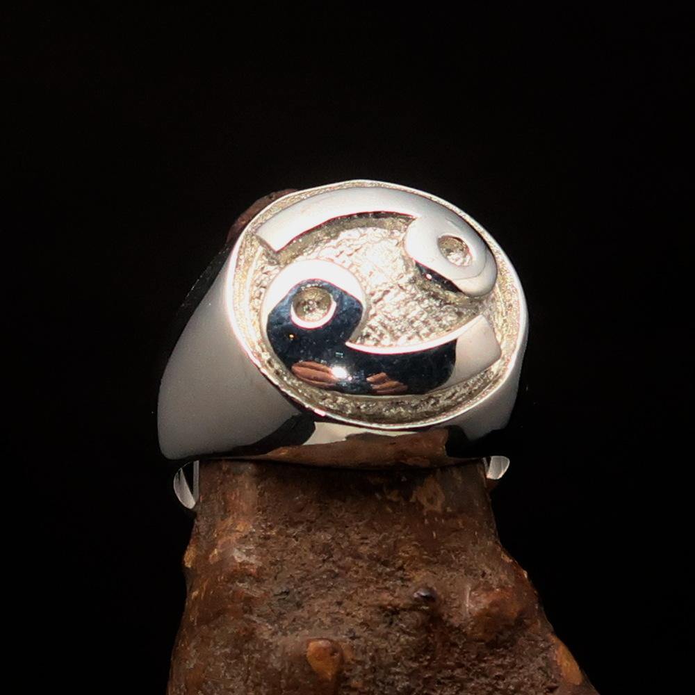 Men's Two-Tone Matte Zodiac Cancer Ring made of solid sterling silver with black enamel detailing.