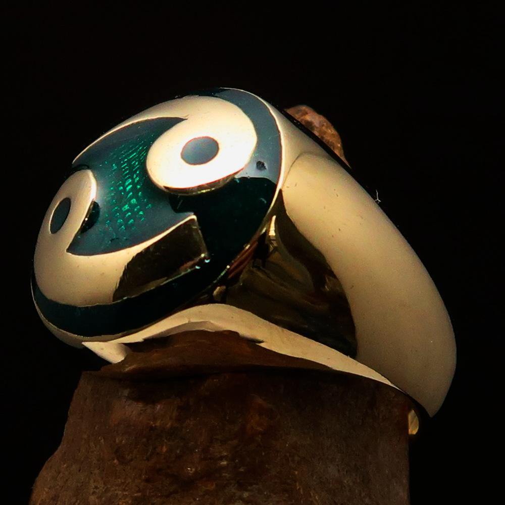 Men's Zodiac Cancer Ring made of solid brass with green enamel, featuring a domed design and polished finish.