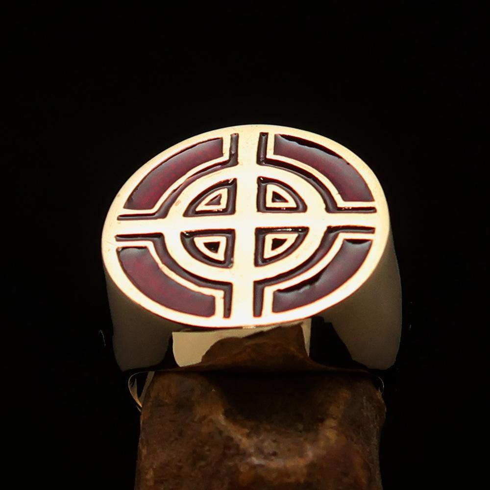 Men's Biker Ring featuring a Celtic Cross design in solid brass with a high polished finish and vibrant red enamel.