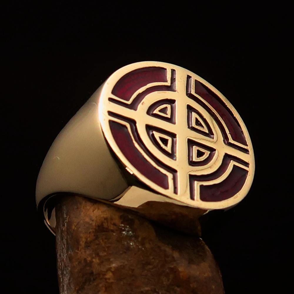 Men's Biker Ring featuring a Celtic Cross design in solid brass with a high polished finish and vibrant red enamel.