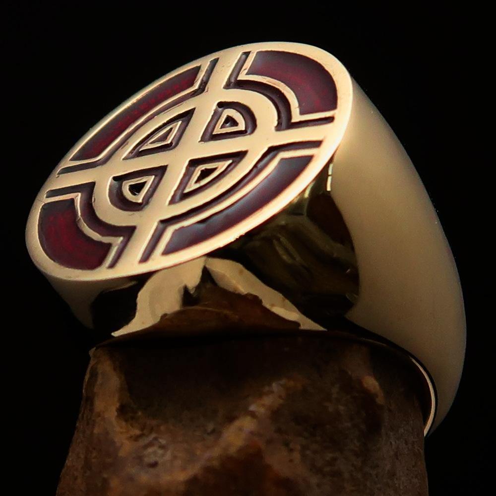 Men's Biker Ring featuring a Celtic Cross design in solid brass with a high polished finish and vibrant red enamel.