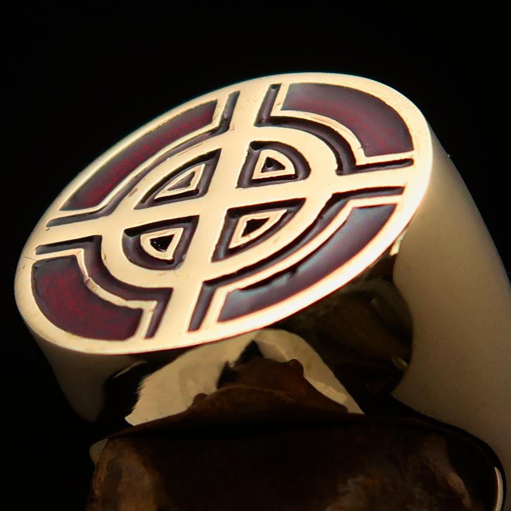 Men's Biker Ring featuring a Celtic Cross design in solid brass with a high polished finish and vibrant red enamel.