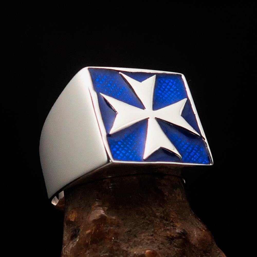 Men's Biker Ring featuring a Maltese Cross design in high polished sterling silver with blue enamel accents.