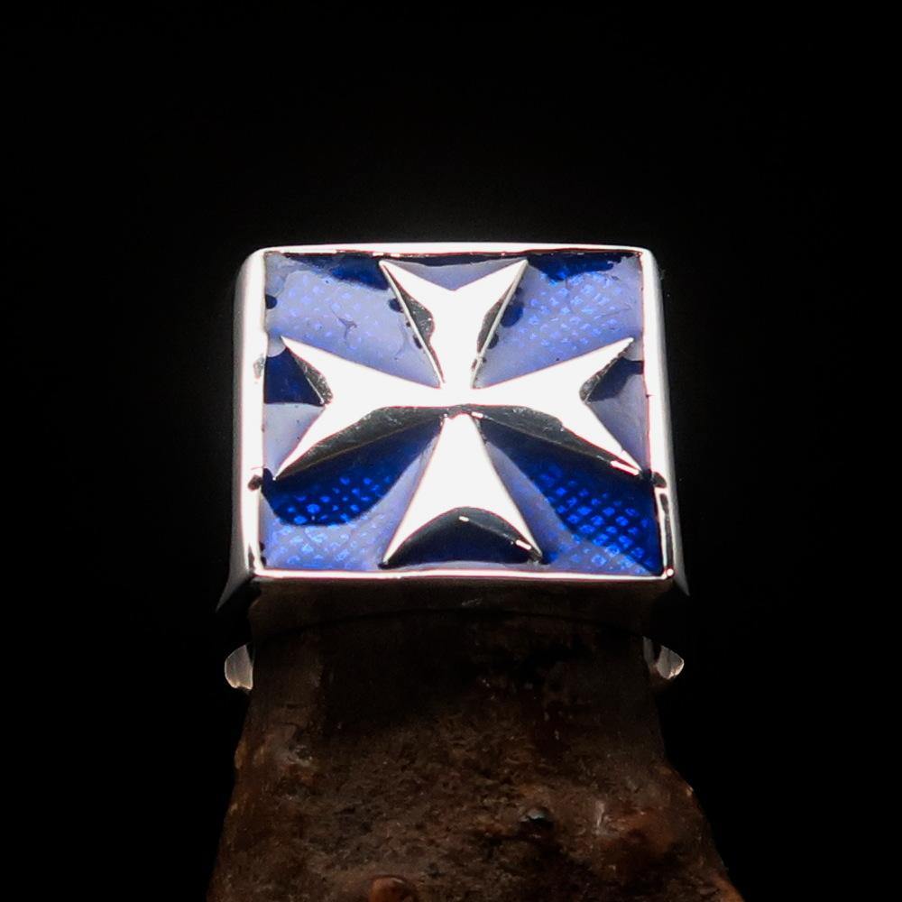 Men's Biker Ring featuring a Maltese Cross design in high polished sterling silver with blue enamel accents.