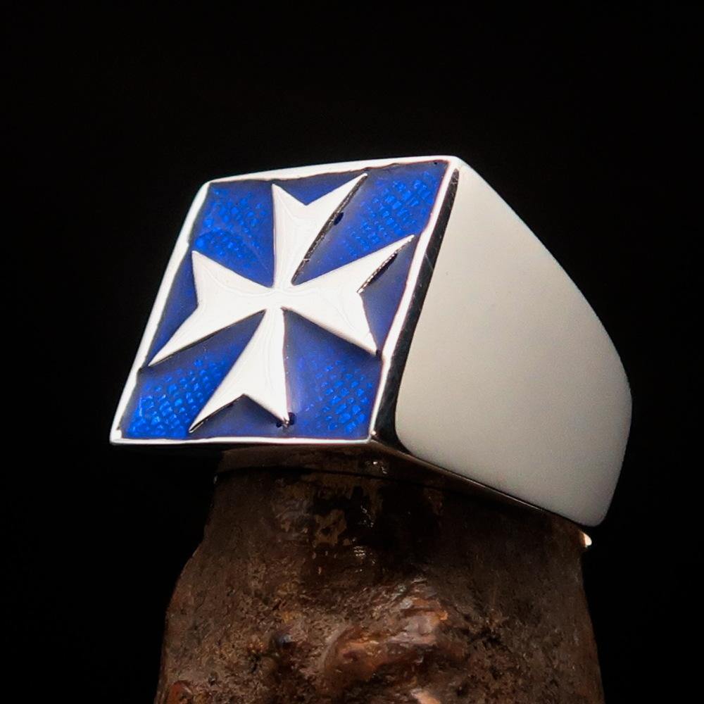 Men's Biker Ring featuring a Maltese Cross design in high polished sterling silver with blue enamel accents.