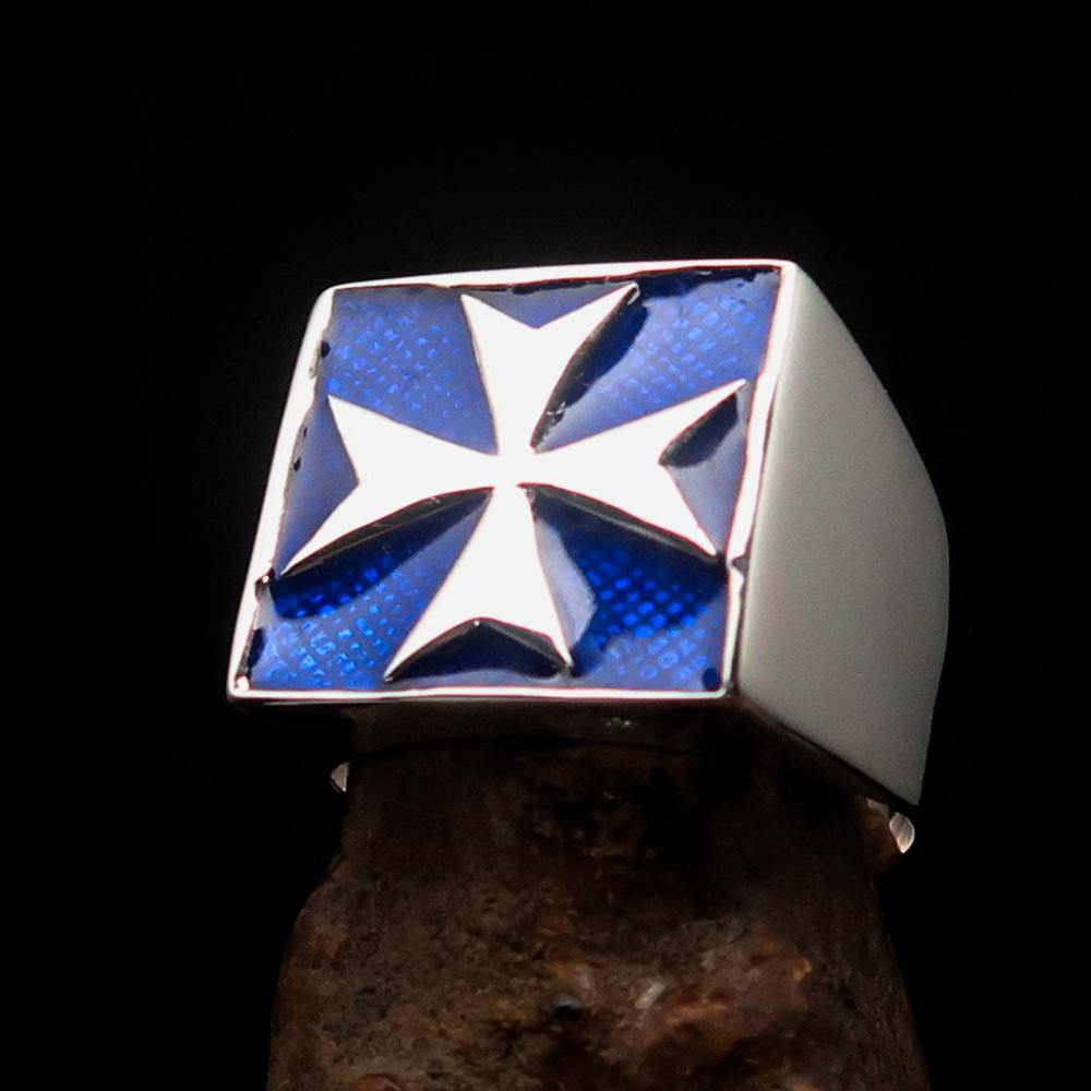 Men's Biker Ring featuring a Maltese Cross design in high polished sterling silver with blue enamel accents.