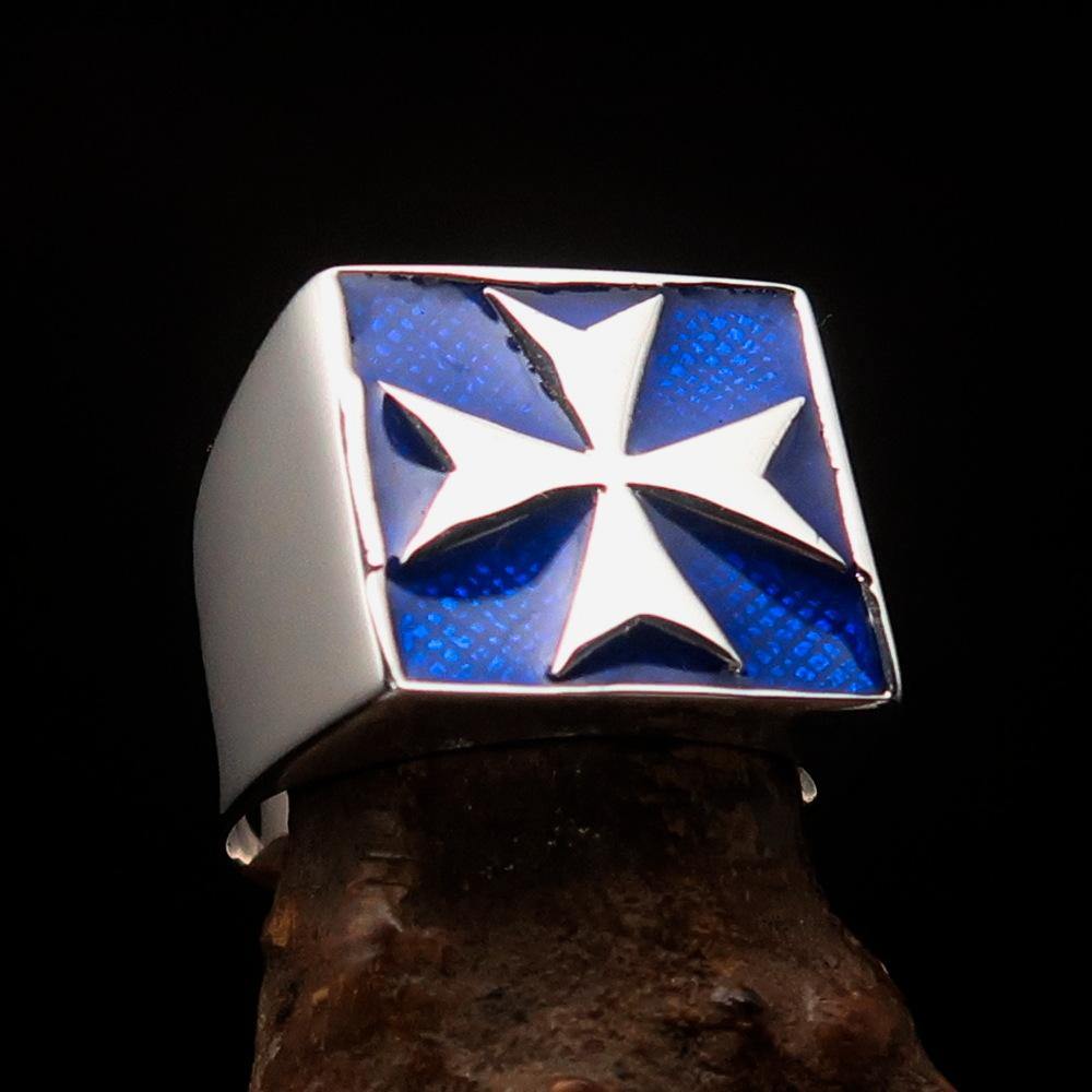 Men's Biker Ring featuring a Maltese Cross design in high polished sterling silver with blue enamel accents.