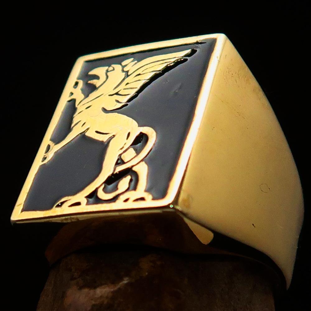 Men's Black Griffin Ring Griffon made of solid brass with a polished finish and black enamel, showcasing a griffon design.