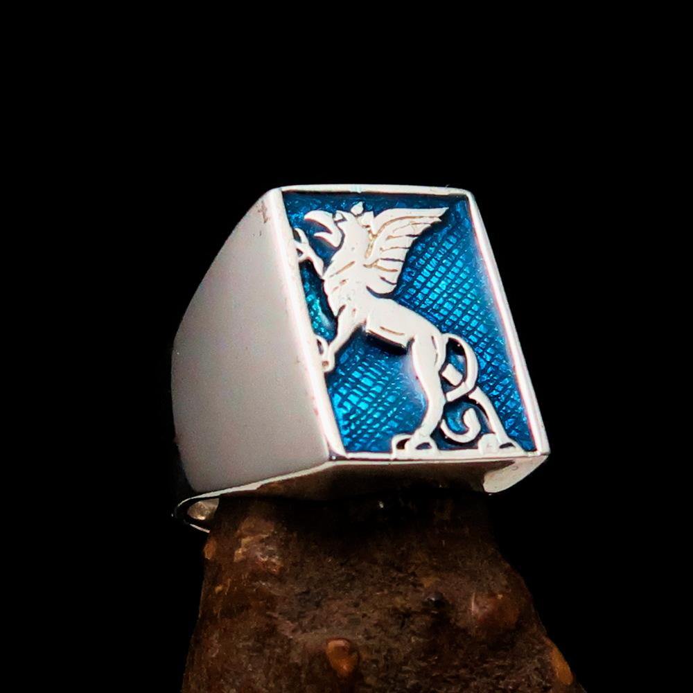 Men's Blue Griffin Ring Griffon made of sterling silver with blue enamel detailing, showcasing a unique griffin design.