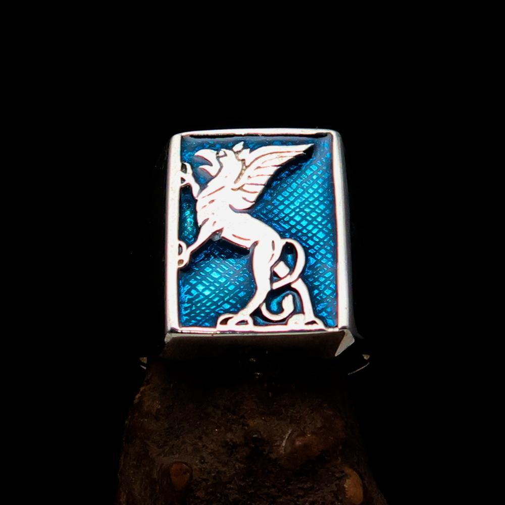 Men's Blue Griffin Ring Griffon made of sterling silver with blue enamel detailing, showcasing a unique griffin design.