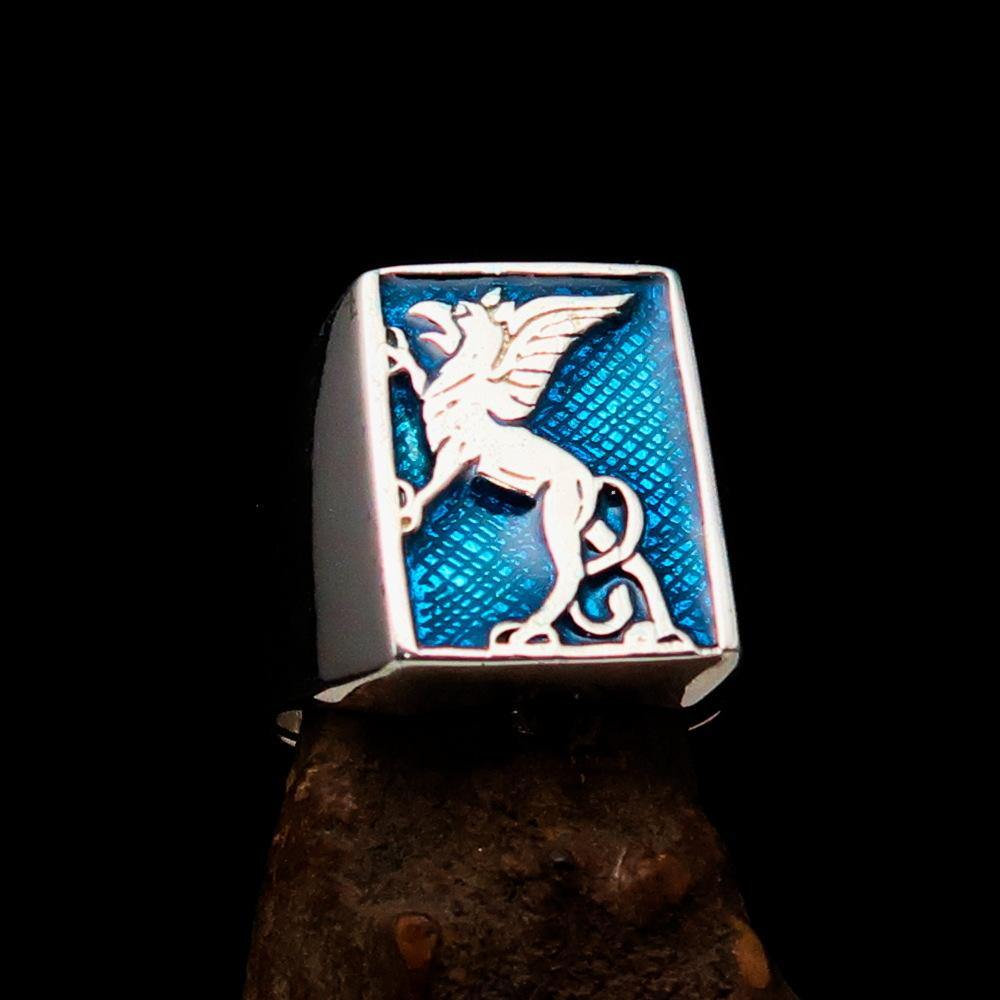 Men's Blue Griffin Ring Griffon made of sterling silver with blue enamel detailing, showcasing a unique griffin design.