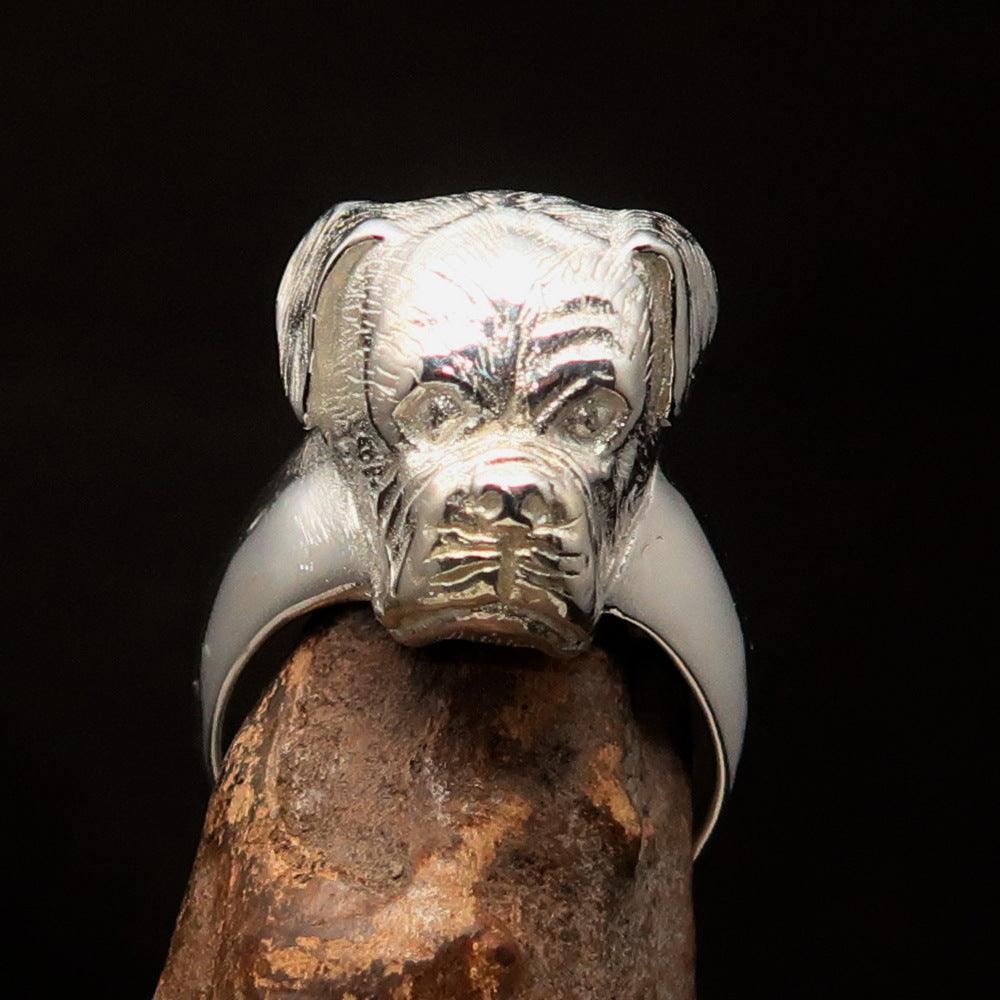 Perfectly Crafted Men's Boxer Dog Ring in shiny Sterling Silver, showcasing a mirror polish finish and hallmark of 925.