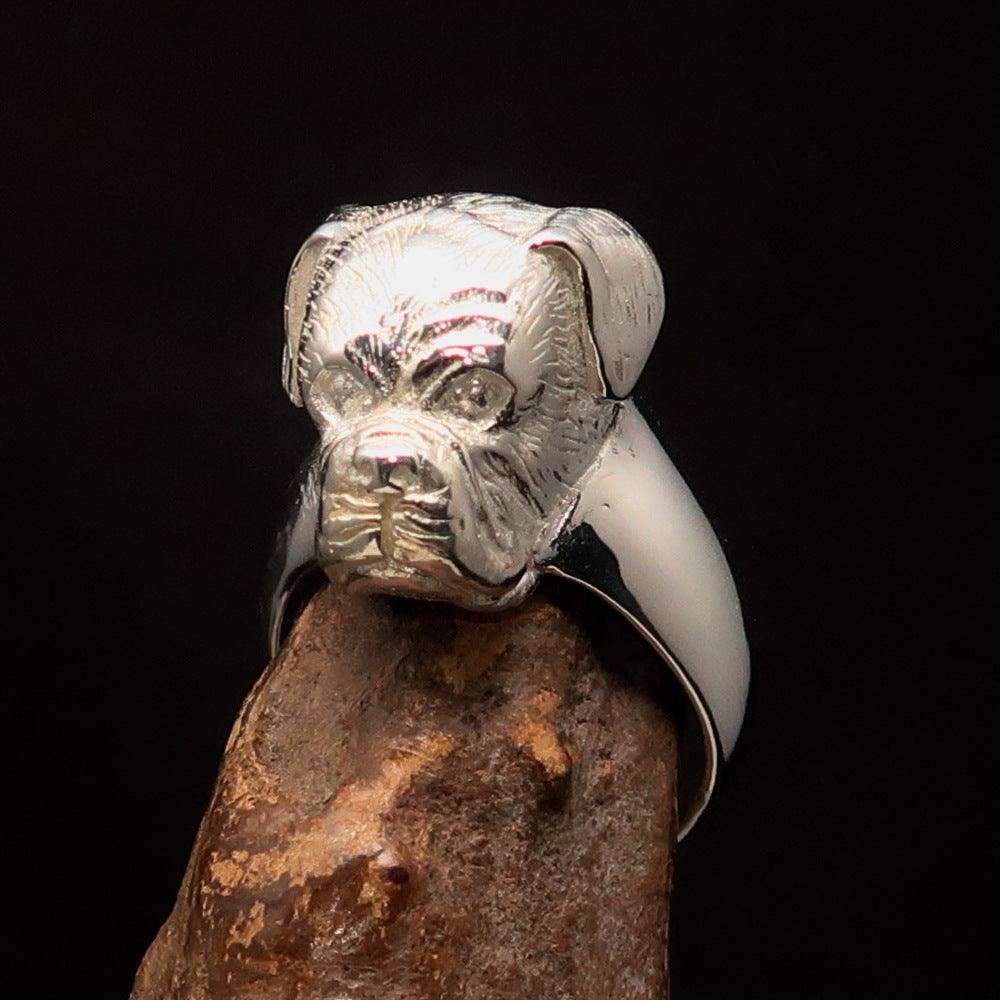 Perfectly Crafted Men's Boxer Dog Ring in shiny Sterling Silver, showcasing a mirror polish finish and hallmark of 925.