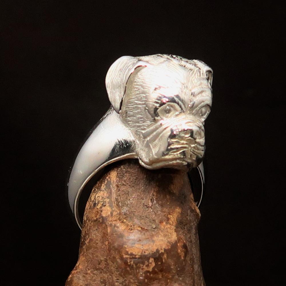 Perfectly Crafted Men's Boxer Dog Ring in shiny Sterling Silver, showcasing a mirror polish finish and hallmark of 925.