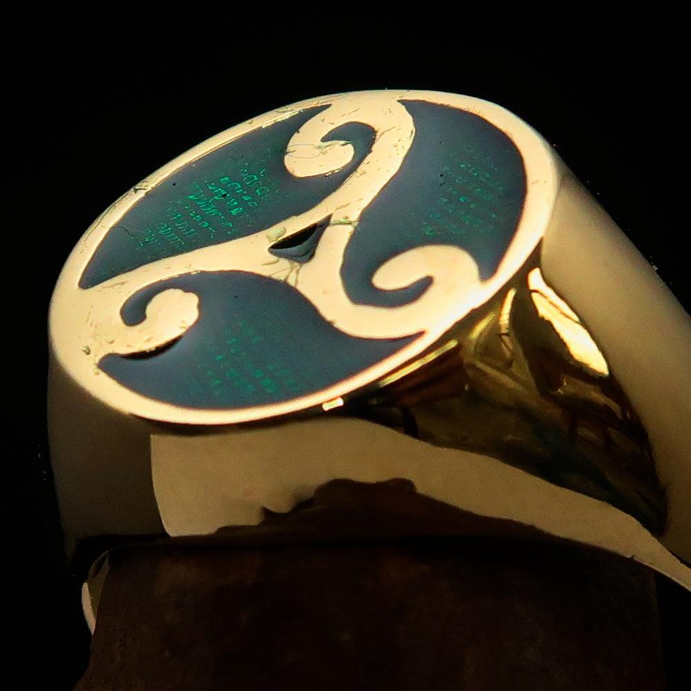 Men's Celtic Triade Ring featuring a green Triskele design, crafted from solid brass with a high-polished finish.