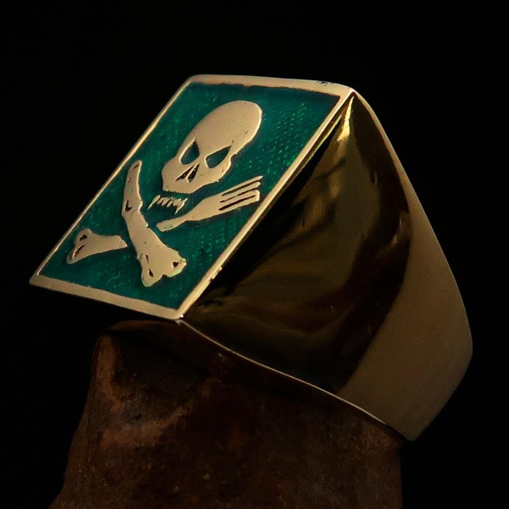 Men's Chef Skull Ring featuring crossed fork and knife design with green enamel finish, crafted from solid brass.