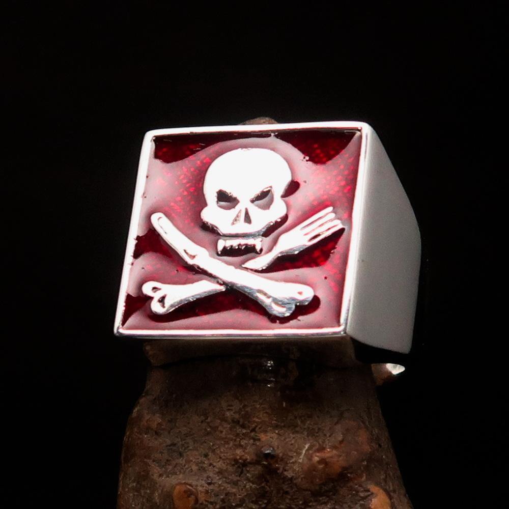 Men's Chef Skull Ring made of solid sterling silver with crossed fork and knife design, featuring a high polished finish and red enamel accents.