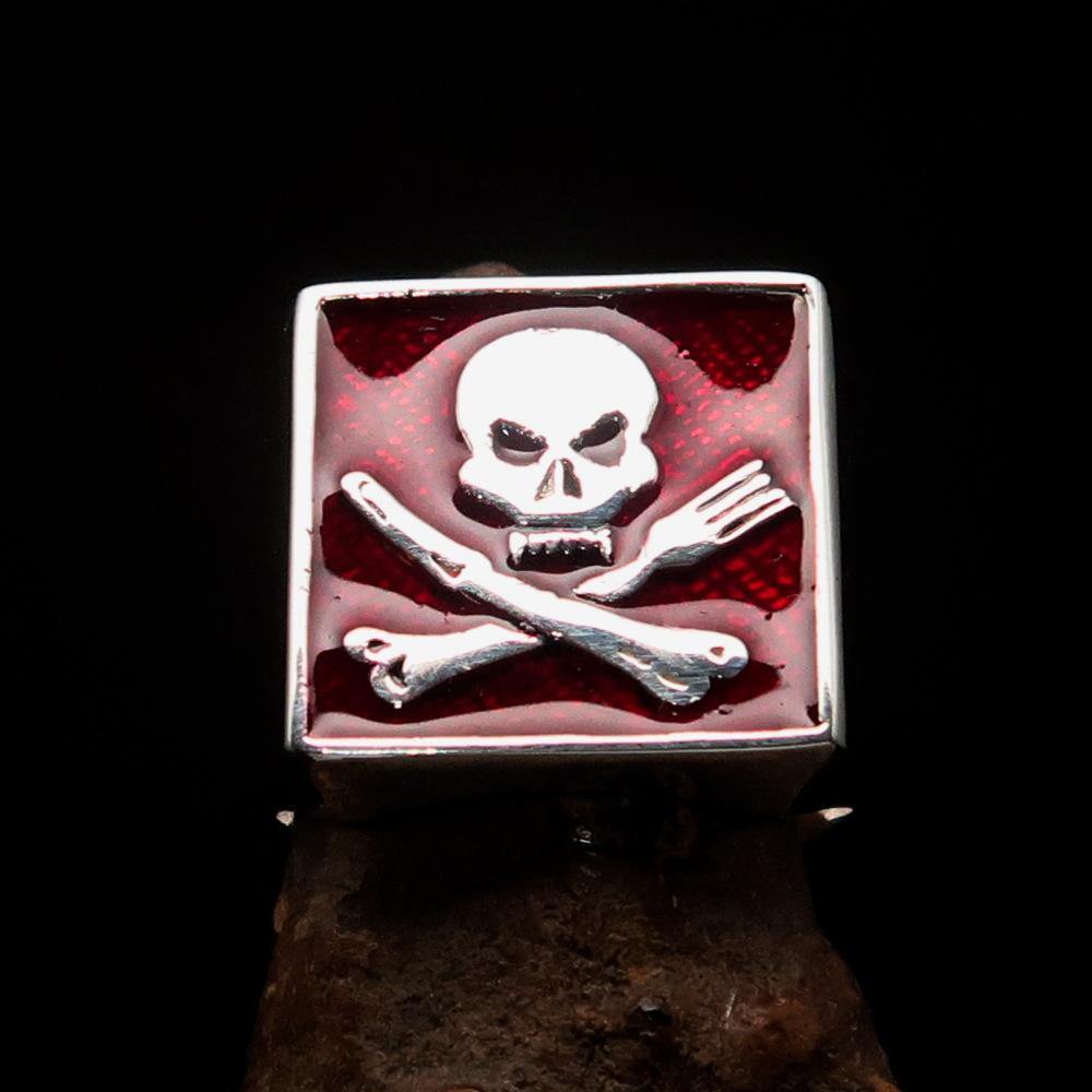 Men's Chef Skull Ring made of solid sterling silver with crossed fork and knife design, featuring a high polished finish and red enamel accents.