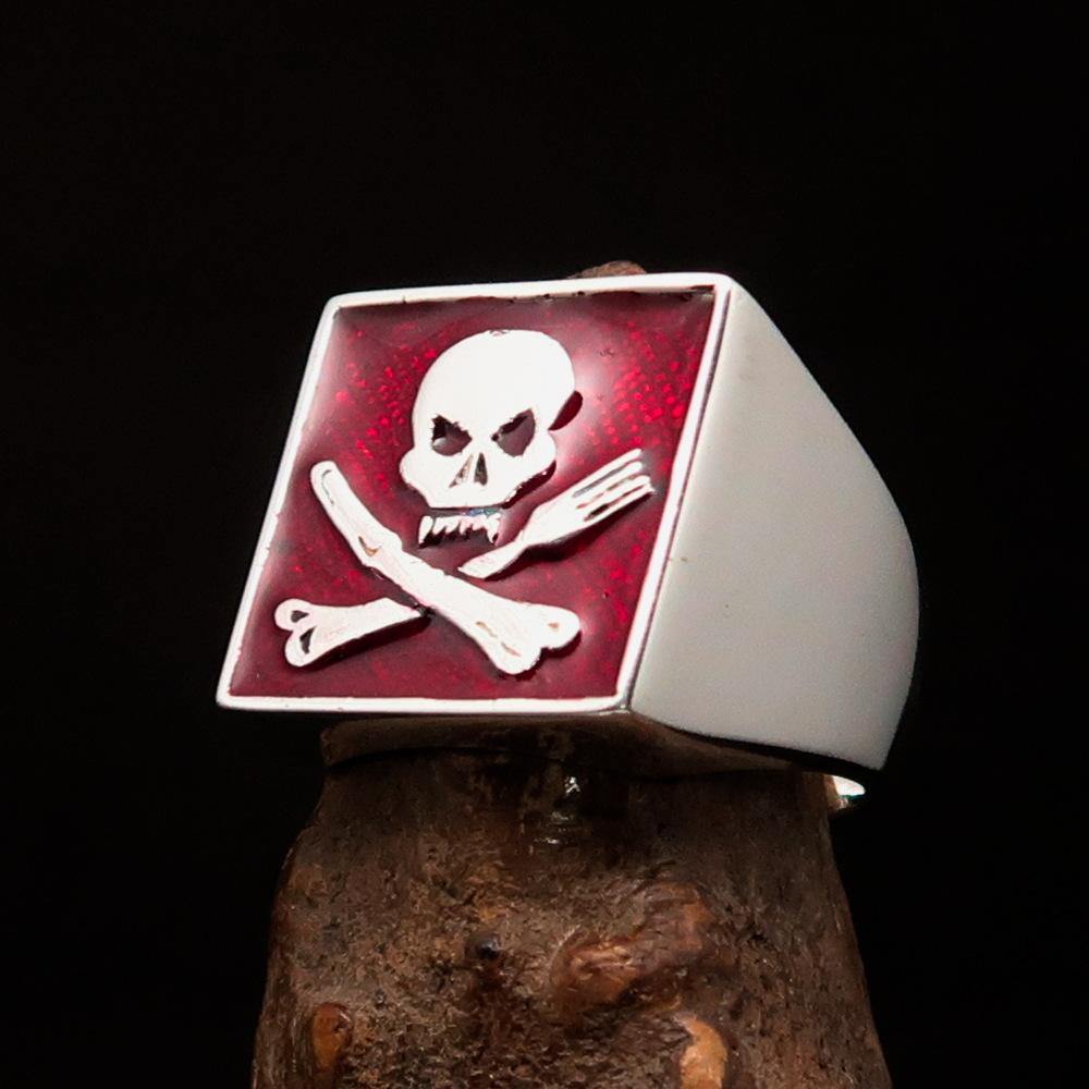 Men's Chef Skull Ring made of solid sterling silver with crossed fork and knife design, featuring a high polished finish and red enamel accents.