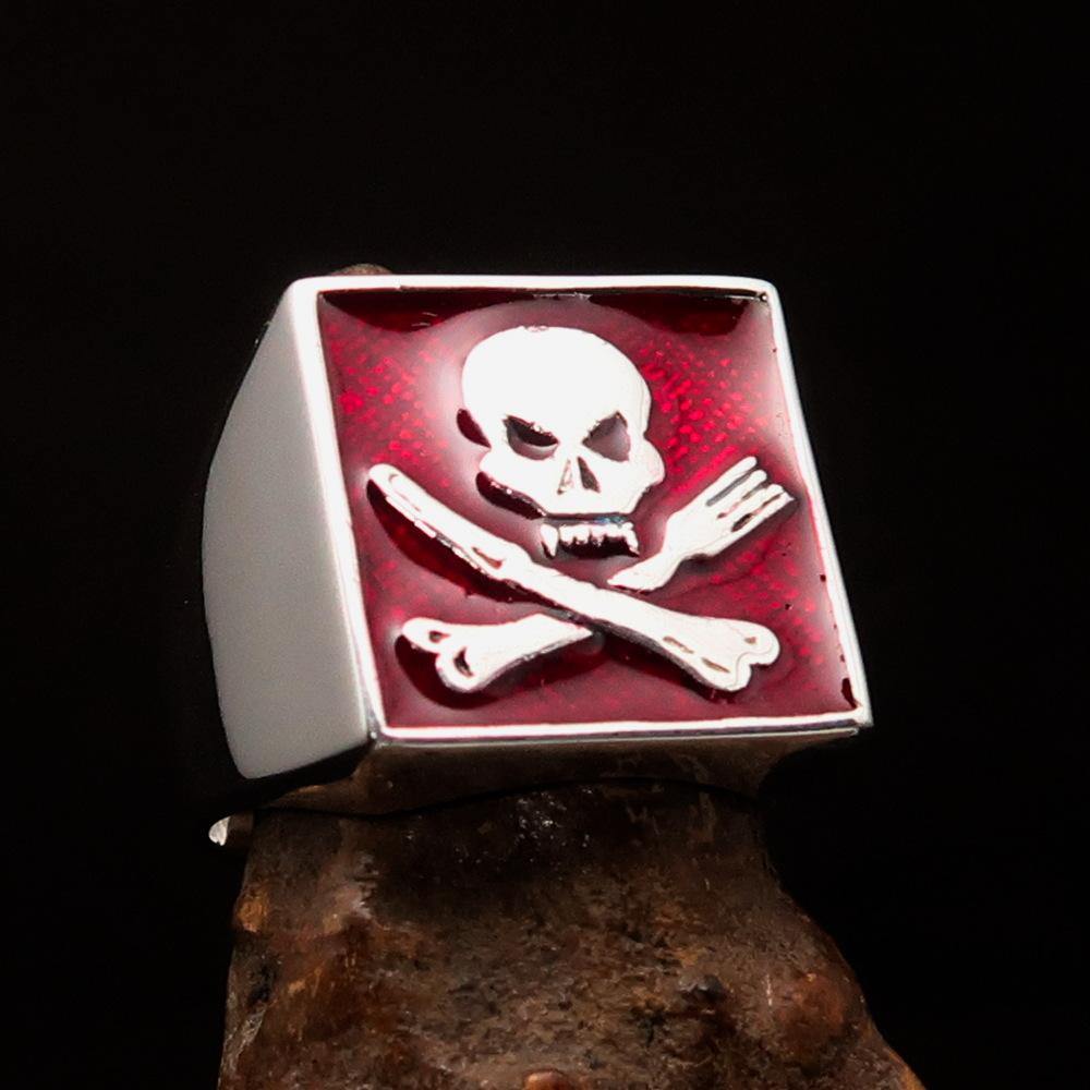 Men's Chef Skull Ring made of solid sterling silver with crossed fork and knife design, featuring a high polished finish and red enamel accents.