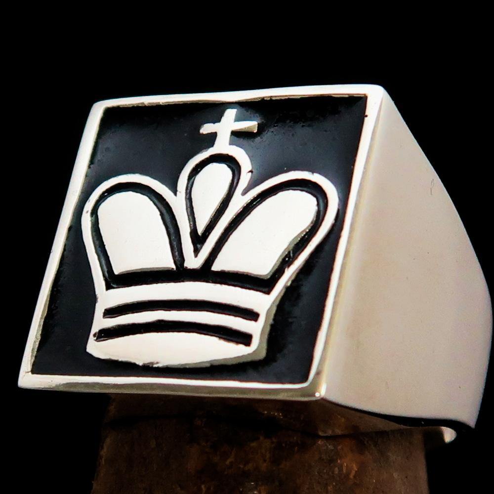 Men's Chess Player Ring featuring a King's Crown design in solid sterling silver with black enamel finish.