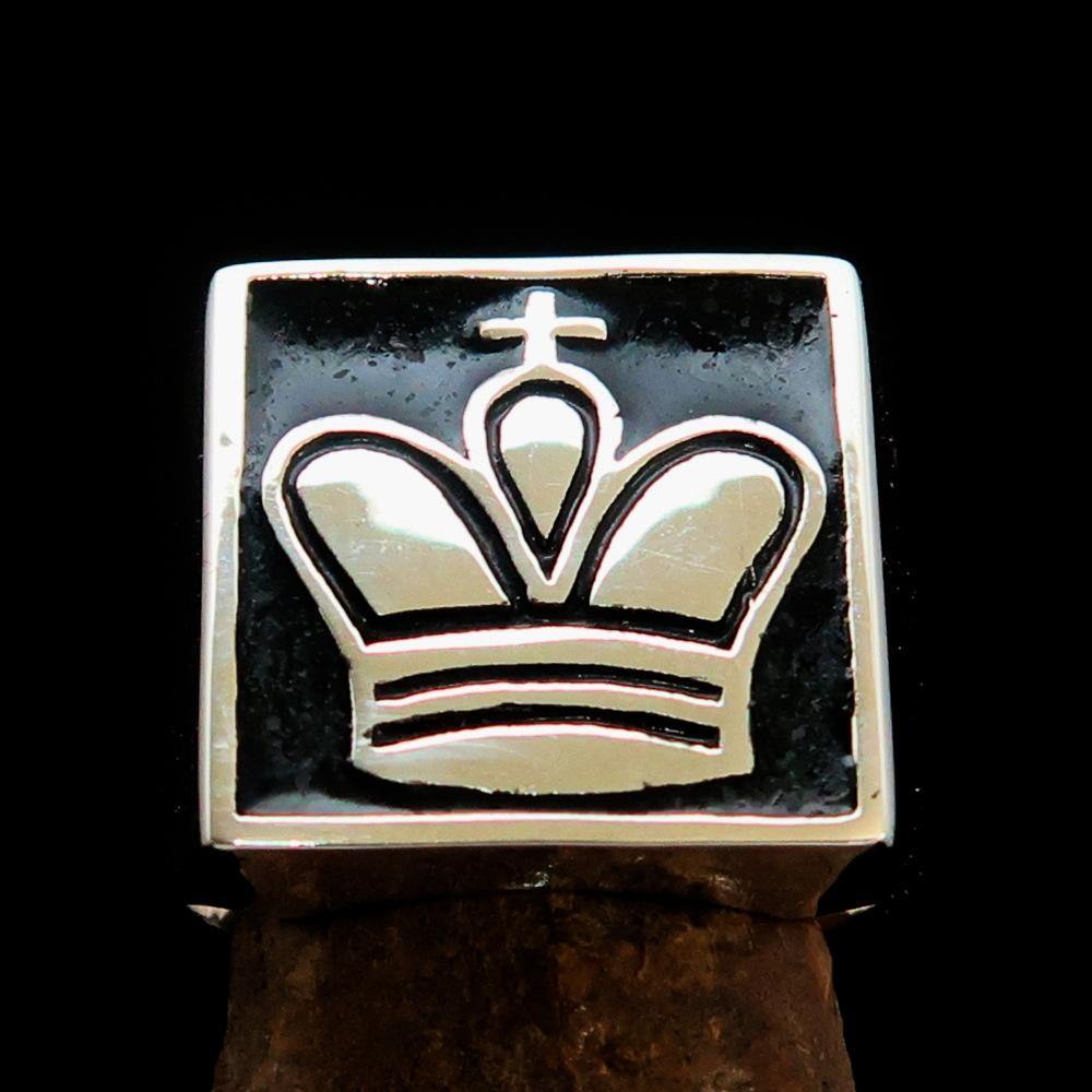 Men's Chess Player Ring featuring a King's Crown design in solid sterling silver with black enamel finish.