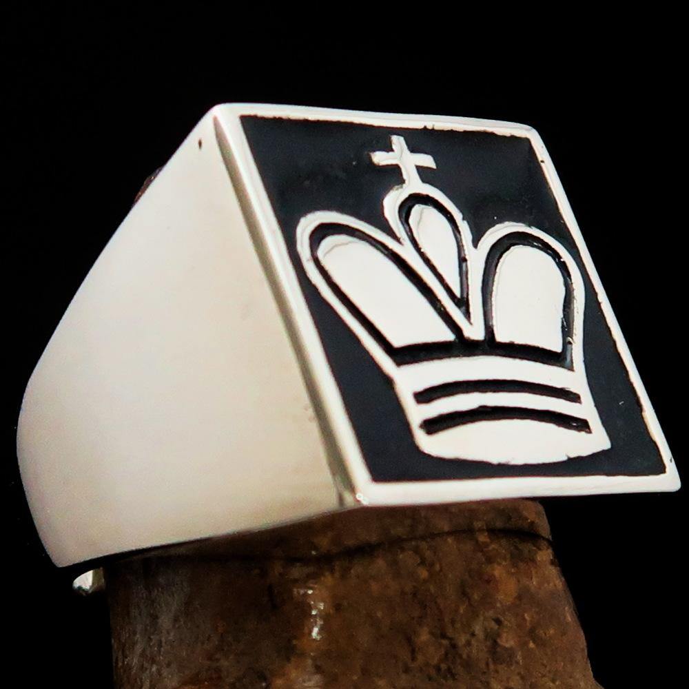 Men's Chess Player Ring featuring a King's Crown design in solid sterling silver with black enamel finish.