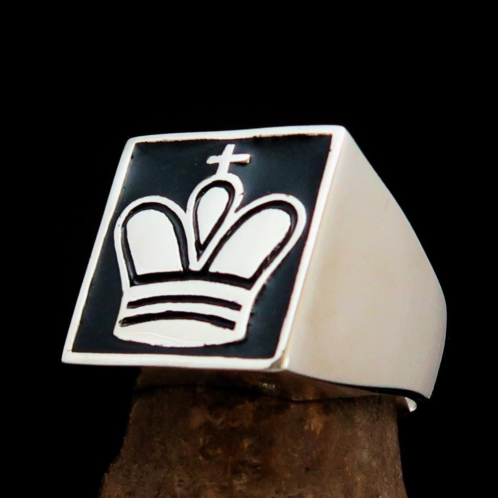 Men's Chess Player Ring featuring a King's Crown design in solid sterling silver with black enamel finish.