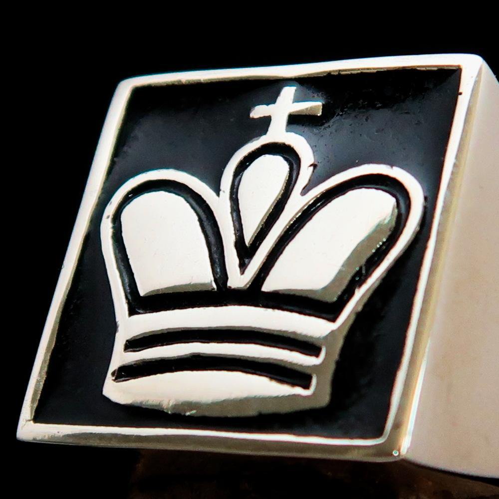 Men's Chess Player Ring featuring a King's Crown design in solid sterling silver with black enamel finish.