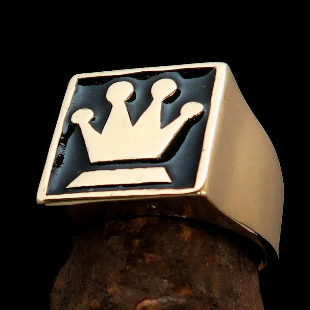 Men's Chess Player Ring featuring a Queen's Crown design, crafted from solid brass with a polished black enamel finish.