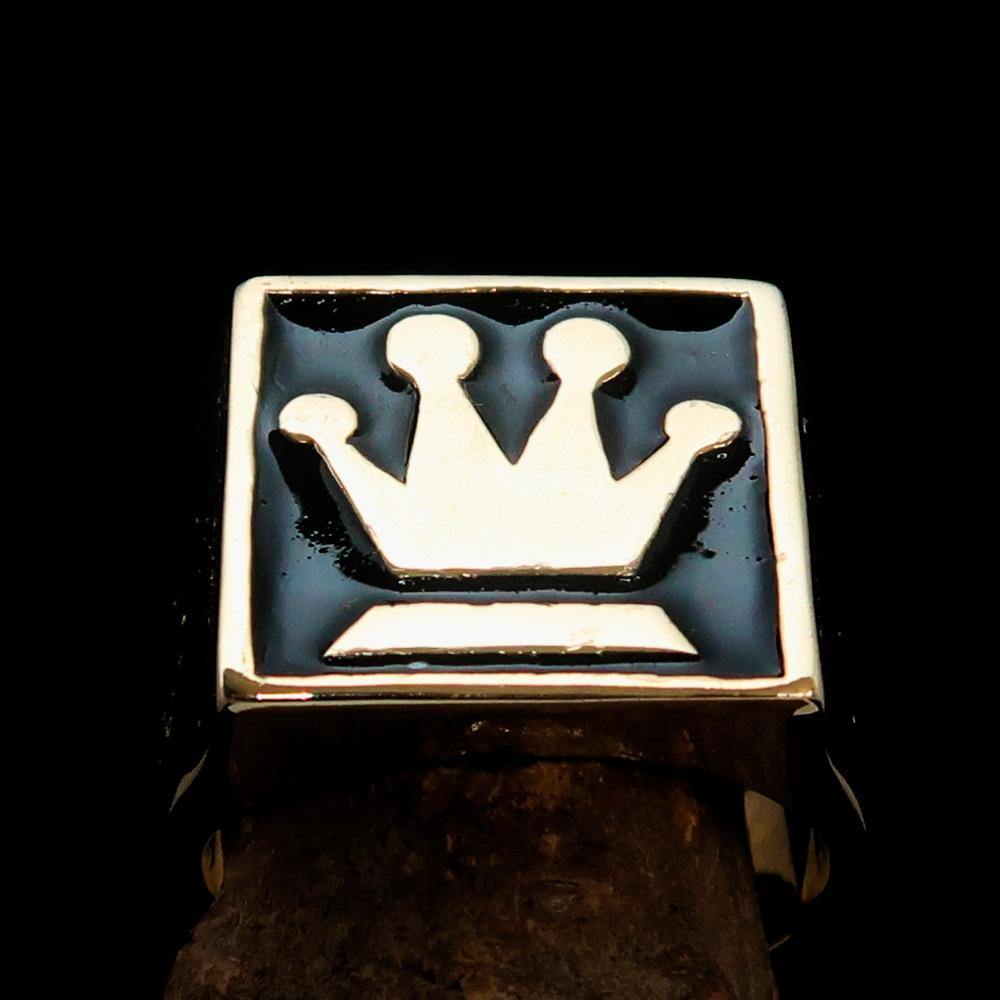 Men's Chess Player Ring featuring a Queen's Crown design, crafted from solid brass with a polished black enamel finish.