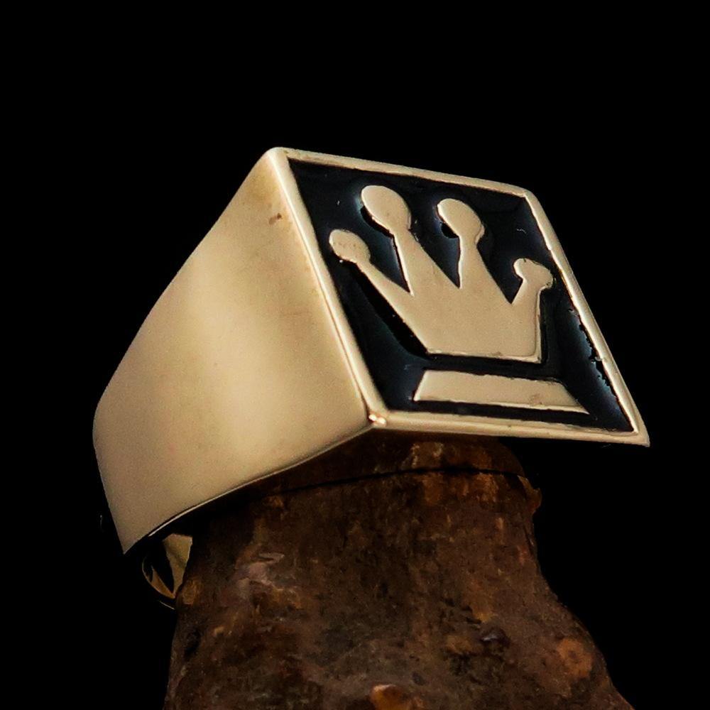 Men's Chess Player Ring featuring a Queen's Crown design, crafted from solid brass with a polished black enamel finish.