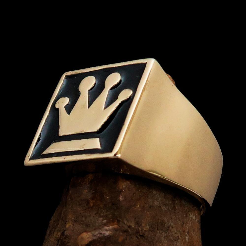 Men's Chess Player Ring featuring a Queen's Crown design, crafted from solid brass with a polished black enamel finish.