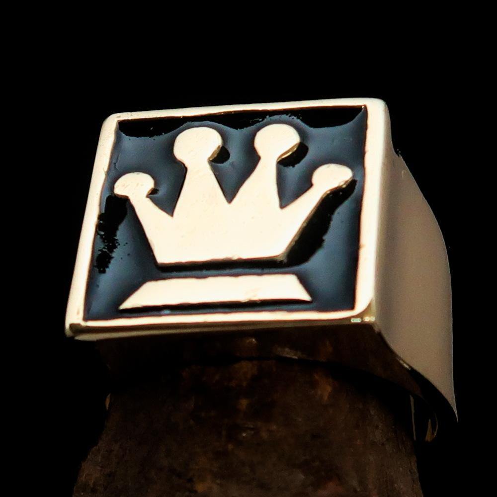 Men's Chess Player Ring featuring a Queen's Crown design, crafted from solid brass with a polished black enamel finish.