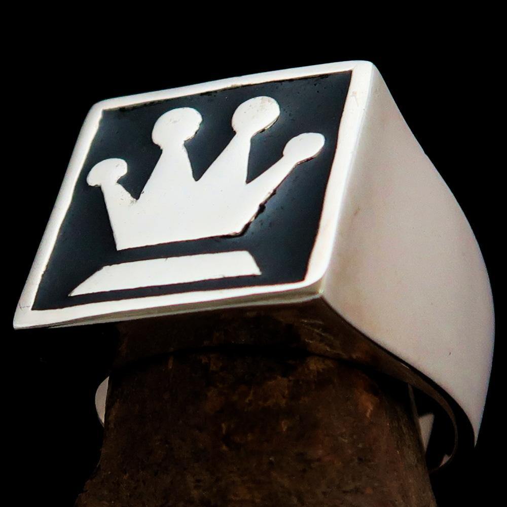 Men's Chess Player Ring featuring a Queen's Crown design, crafted from solid sterling silver with a high-polished finish and black enamel.