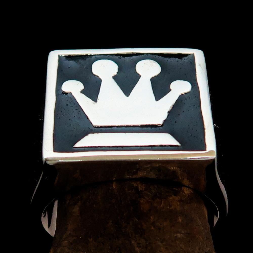 Men's Chess Player Ring featuring a Queen's Crown design, crafted from solid sterling silver with a high-polished finish and black enamel.