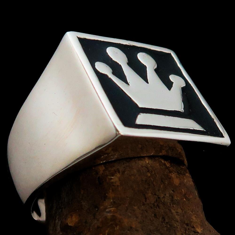 Men's Chess Player Ring featuring a Queen's Crown design, crafted from solid sterling silver with a high-polished finish and black enamel.