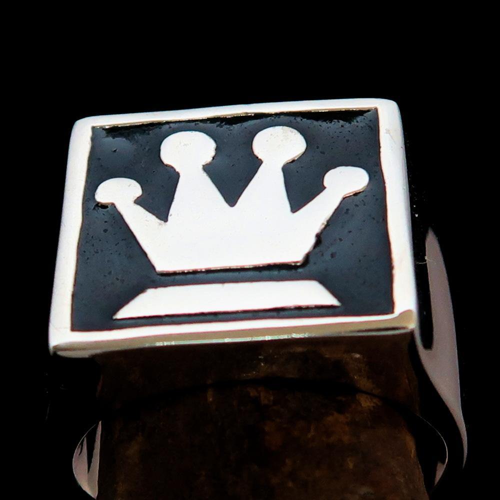 Men's Chess Player Ring featuring a Queen's Crown design, crafted from solid sterling silver with a high-polished finish and black enamel.