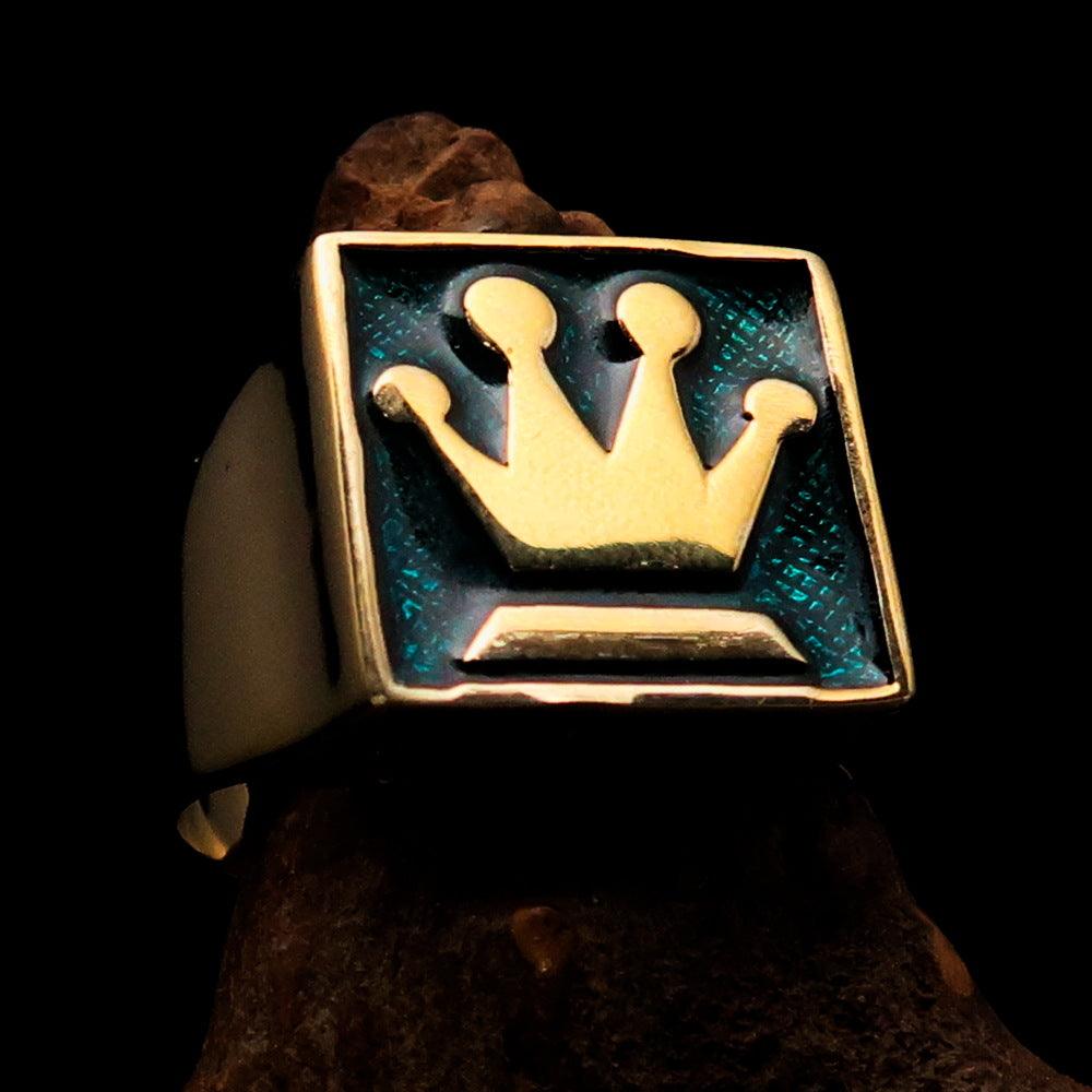 Men's Chess Player Ring featuring a Queen's Crown design with blue enamel, crafted from solid brass.